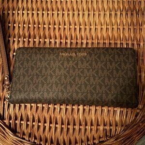 Michael Kors Dark Brown MK Monogram Zip-Around Wallet with Gold Accents